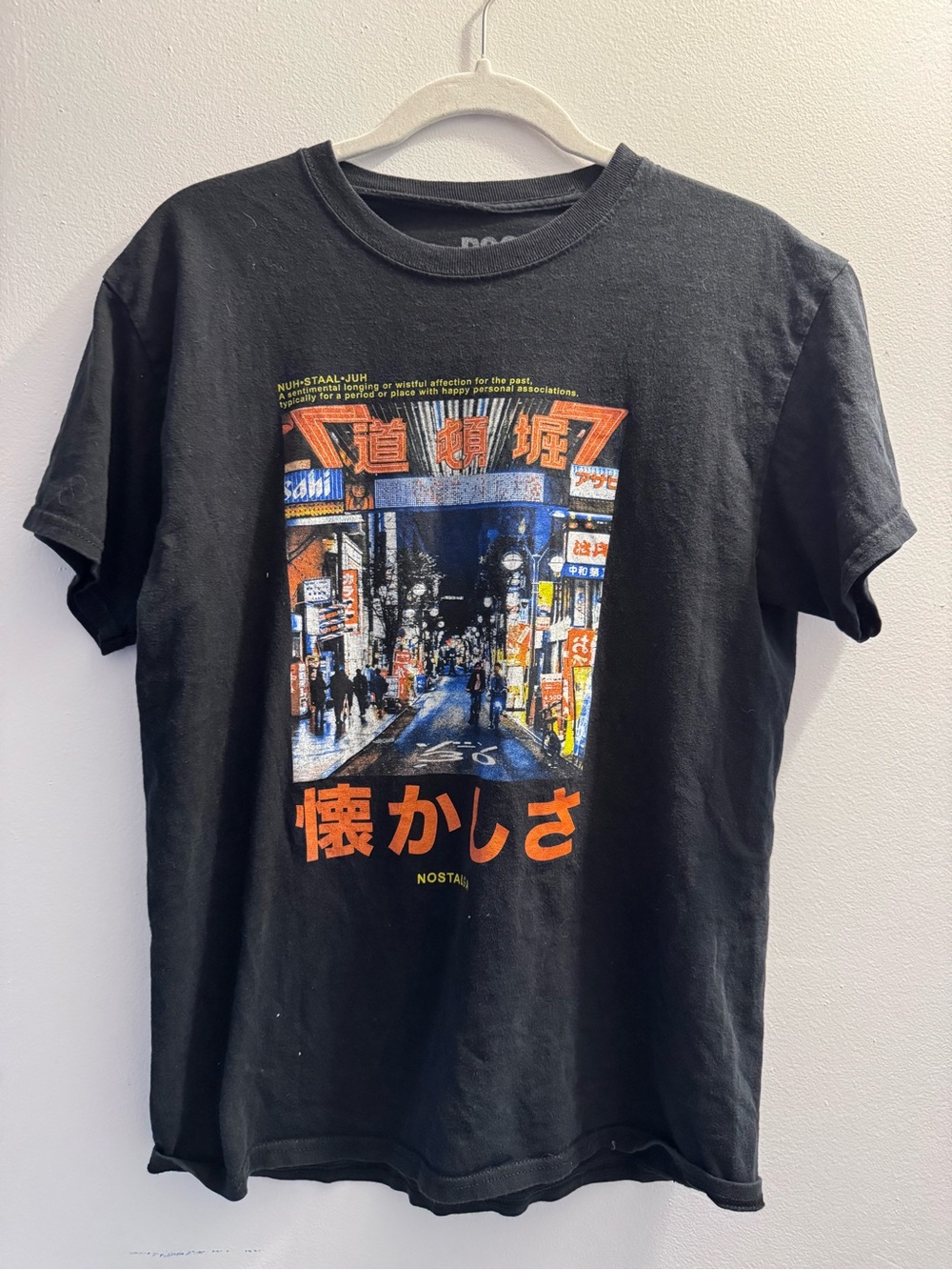 RSQ Black Graphic Tee with Neon Japanese Street Print - NOSTALGIA